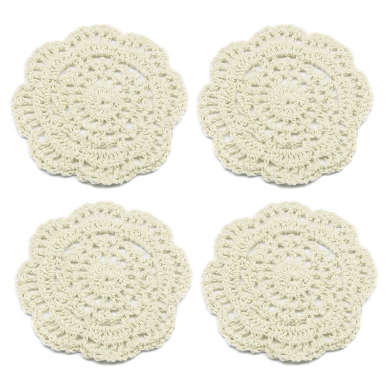 kilofly Small Crochet Cotton Lace Coasters Doilies Pack Set, 4pc, Beige, Round, 4 inch - Image 1